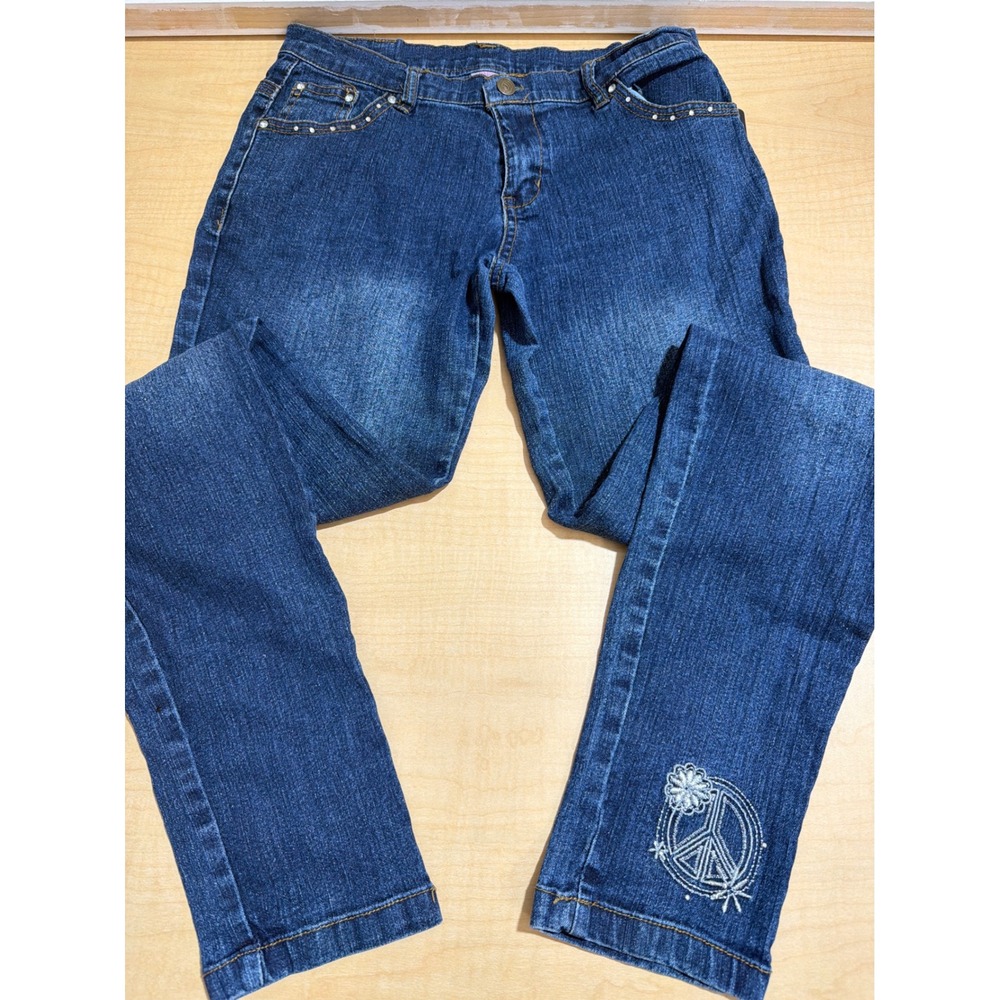 Bongo Girls Blue Denim Peace Sign Embroidered Rhinestone Jeans Size 16 Dark Wash